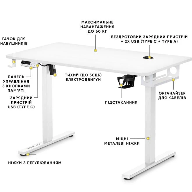 Table with electric height adjustment Mealux PowerDesk Energy White Photo 2